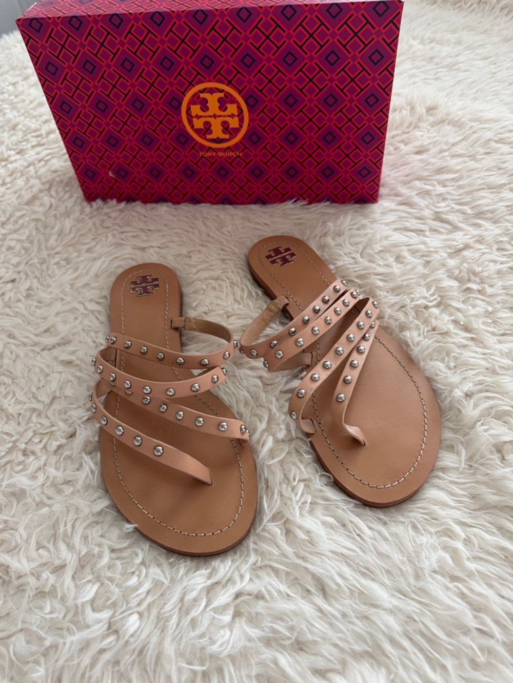 Tory Burch Blush Studded Leather Strappy Sandals